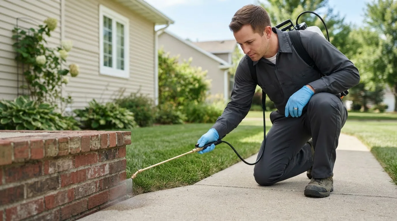 Pest control technician treating a home near Riverdale, CA
